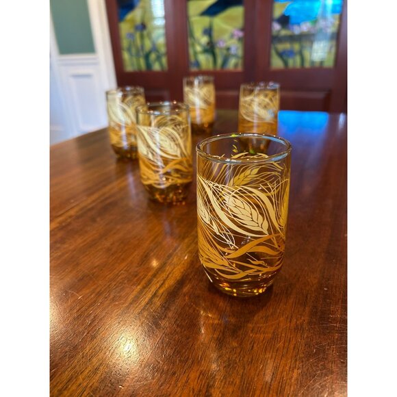 Anchor Hocking Amber Wheat Patterned Mid Century Juice Glasses. - Picture 4 of 10